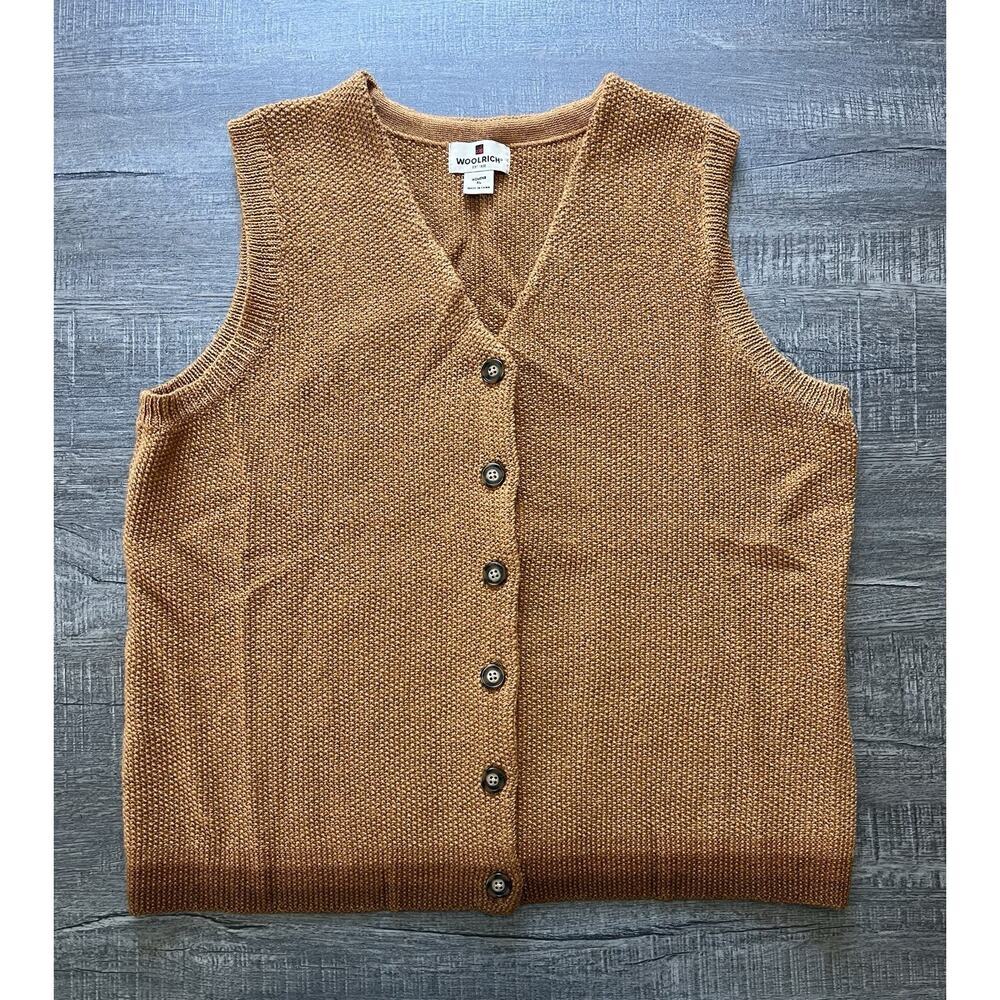 WOOLRICH Women’s Ochre Knit Vest Cardigan Brown Copper Cabin Core 100% Wool XL